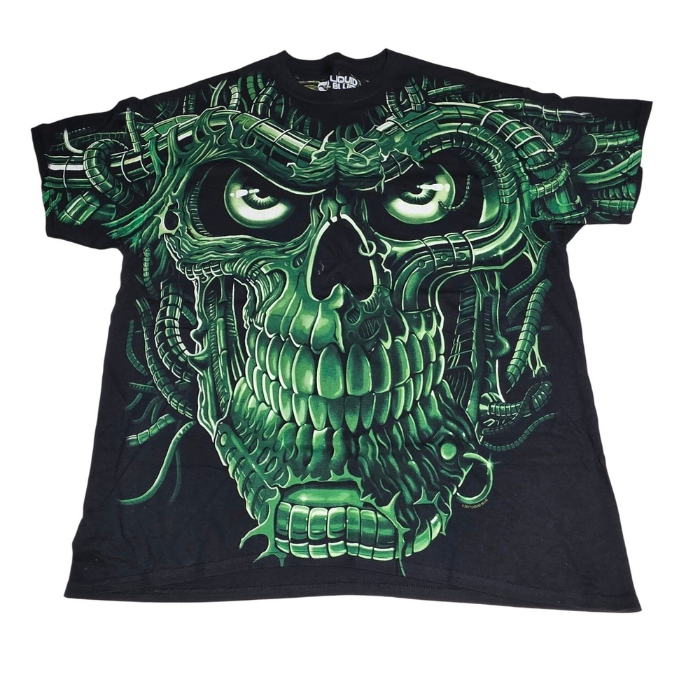 Liquid‎ Blue Mens Cyber Skull T-Shirt XL Neon Green All Over Print Skeleton 2017